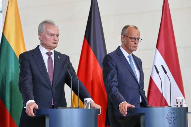 Berlin, Deutschland, 03.07.2026: Bundeskanzleramt: Empfang der Staats- und Regierungschefs der drei baltischen Länder Lettland, Estland und Litauen: Litauens Staatspräsident Gitanas Nauseda und Bundeskanzler Friedrich Merz (CDU) *** Berlin, Germany, July 3, 2026; Federal Chancellery: Reception for the heads of state and government of the three Baltic countries—Latvia, Estonia, and Lithuania; Lithuanian President Gitanas Nauseda and Federal Chancellor Friedrich Merz (CDU) Copyright: xdtsxNachrichtenagenturx dts_126214