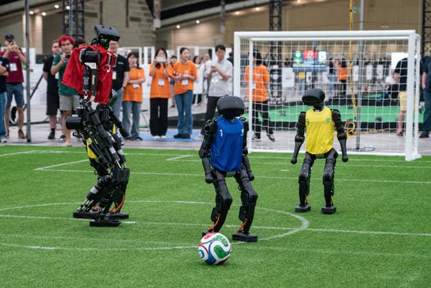 July 4, 2026, Incheon, South Korea: Humanoid robots play soccer during the Humanoid soccer league at Songdo ConvensiA. RoboCup 2026 INCHEON is happening from July 2 to July 6 at Songdo ConvensiA. The event was first held in 1997 and is the world™s largest robot soccer competition and a global challenge dedicated to build a better future through artificial intelligence and robotic technologies. Incheon South Korea - ZUMAs197 20260704_aaa_s197_002 Copyright: xSimonxShinx