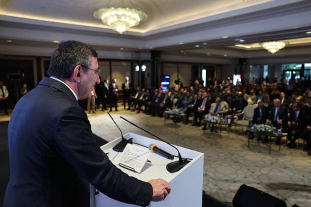 Turkiye-Pakistan Business conference held in Istanbul ISTANBUL, TURKIYE - JULY 04: Turkish Vice President Cevdet Yilmaz delivers speech during the Turkiye-Pakistan Business Conference in Istanbul, Turkiye, on July 4, 2026. The forum brings together officials and business representatives from both countries. Ahmet Okur Anadolu Istanbul Turkey. Editorial use only. Please get in touch for any other usage.  Copyright: x2026xAnadoluxAhmetxOkurx