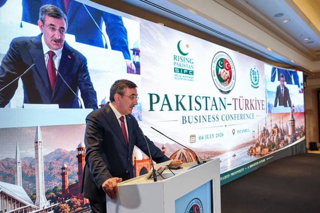 Turkiye-Pakistan Business conference held in Istanbul ISTANBUL, TURKIYE - JULY 04: Turkish Vice President Cevdet Yilmaz delivers speech during the Turkiye-Pakistan Business Conference in Istanbul, Turkiye, on July 4, 2026. The forum brings together officials and business representatives from both countries. Ahmet Okur Anadolu Istanbul Turkey. Editorial use only. Please get in touch for any other usage.  Copyright: x2026xAnadoluxAhmetxOkurx