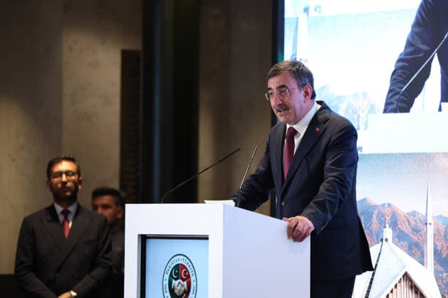 Turkiye-Pakistan Business conference held in Istanbul ISTANBUL, TURKIYE - JULY 04: Turkish Vice President Cevdet Yilmaz delivers speech during the Turkiye-Pakistan Business Conference in Istanbul, Turkiye, on July 4, 2026. The forum brings together officials and business representatives from both countries. Ahmet Okur Anadolu Istanbul Turkey. Editorial use only. Please get in touch for any other usage.  Copyright: x2026xAnadoluxAhmetxOkurx