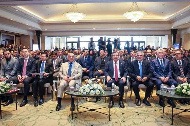 Turkiye-Pakistan Business conference held in Istanbul ISTANBUL, TURKIYE - JULY 04: Turkish Vice President Cevdet Yilmaz and Pakistani Prime Minister Shehbaz Sharif attend the Turkiye-Pakistan Business Conference in Istanbul, Turkiye, on July 4, 2026. The forum brings together officials and business representatives from both countries. Ahmet Okur Anadolu Istanbul Turkey. Editorial use only. Please get in touch for any other usage.  Copyright: x2026xAnadoluxAhmetxOkurx