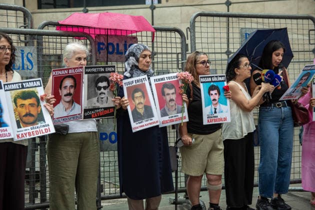 July 4, 2026, Istanbul, Istanbul, Turkey: Members of the Saturday Mothers and the Human Rights Association s Commission Against Enforced Disappearances hold the 1110th weekly vigil at Galatasaray Square in Istanbul, Turkey, on July 4, 2026. During the gathering, participants demanded justice for Hasan Gulunay, who disappeared after allegedly being detained in 1992, marking the 34th anniversary of his disappearance. Protesters called for an effective investigation, disclosure of his fate, and accountability for those responsible, while reiterating demands for justice for all victims of enforced disappearance in Turkey. Istanbul Turkey - ZUMAt171 20260704_zip_t171_001 Copyright: xAbdullahxTepelix