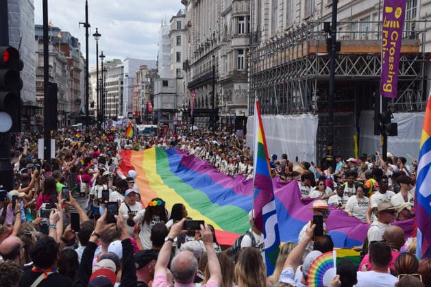 July 4, 2026, London, England, United Kingdom: Participants pass through Piccadily with a giant Pride flag during the Pride In London parade. London United Kingdom - ZUMAv130 20260704_zip_v130_005 Copyright: xVukxValcicx