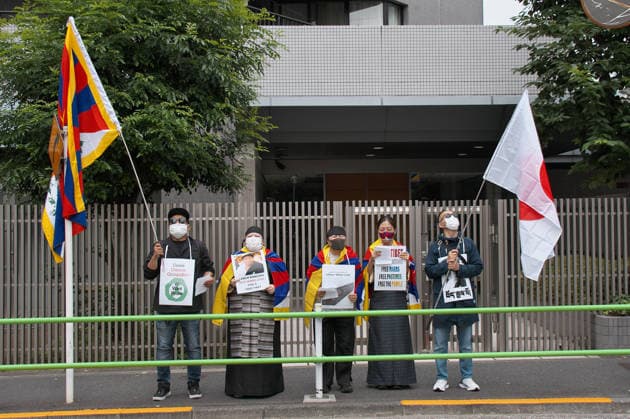 Protesters appeal against China government in front of the Chinese embassy in Tokyo, Japan on Saturday, July 4, 2026.  TKP2026070408 KEIZOxMORI
