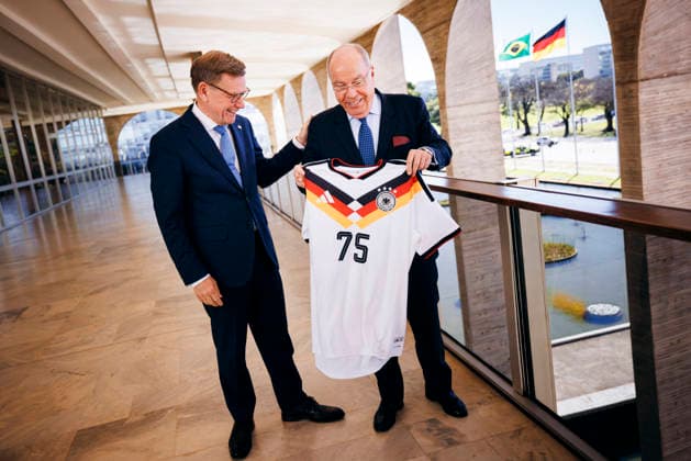 Johann Wadephul (CDU), Bundesaussenminister, trifft Mauro Vieira, Aussenminister der Foederativen Republik Brasilien zu einem Gespraech in Brasilia, 03.07.2026. Fotografiert im Auftrag des Auswaertigen Amtes (AA) Brasilia Brasilien *** Johann Wadephul (CDU), Federal Minister of Foreign Affairs, meets with Mauro Vieira, Minister of Foreign Affairs of the Federative Republic of Brazil, for talks in Brasília on July 3, 2026. Photographed on behalf of the Federal Foreign Office (AA) in Brasília, Brazil. Copyright: xFelixxZahnx