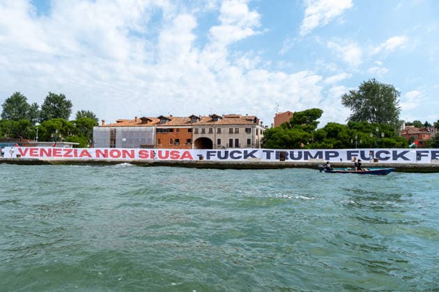 Reportage - Protest against U.S.A ambassador Tilman J. Fertitta and Donald Trump Protesters unfurl a banner against the arrival of U.S. Ambassador Tilman J. Fertitta, scheduled for July 17. Venice, Italy, 04 07 2026 during Protest against U.S.A ambassador Tilman J. Fertitta and Donald Trump, Reportage in Venice, Italy, July 04 2026 Venice Venice Biennale Italy Copyright: xLeonardoxGaravagliax xLiveMediax LPN_2549170
