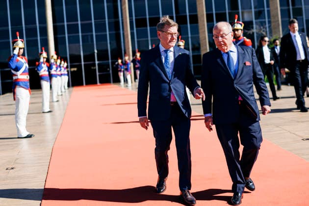 Johann Wadephul (CDU), Bundesaussenminister, trifft Mauro Vieira, Aussenminister der Foederativen Republik Brasilien zu einem Gespraech in Brasilia, 03.07.2026. Fotografiert im Auftrag des Auswaertigen Amtes (AA) Brasilia Brasilien *** Johann Wadephul (CDU), Federal Minister of Foreign Affairs, meets with Mauro Vieira, Minister of Foreign Affairs of the Federative Republic of Brazil, for talks in Brasília on July 3, 2026. Photographed on behalf of the Federal Foreign Office (AA) in Brasília, Brazil. Copyright: xFelixxZahnx