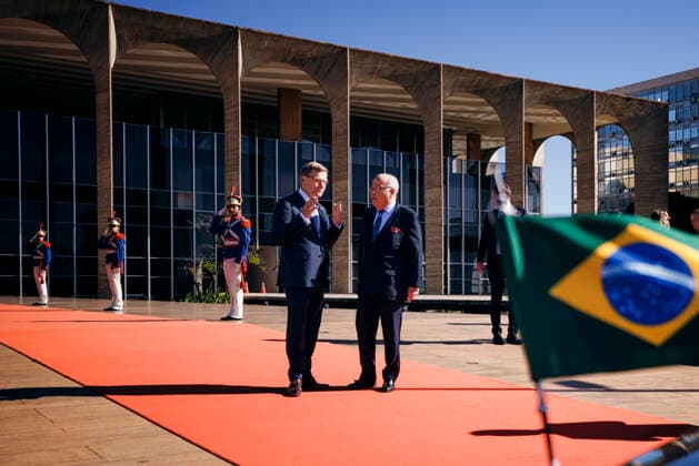 Johann Wadephul (CDU), Bundesaussenminister, trifft Mauro Vieira, Aussenminister der Foederativen Republik Brasilien zu einem Gespraech in Brasilia, 03.07.2026. Fotografiert im Auftrag des Auswaertigen Amtes (AA) Brasilia Brasilien *** Johann Wadephul (CDU), Federal Minister of Foreign Affairs, meets with Mauro Vieira, Minister of Foreign Affairs of the Federative Republic of Brazil, for talks in Brasília on July 3, 2026. Photographed on behalf of the Federal Foreign Office (AA) in Brasília, Brazil. Copyright: xFelixxZahnx
