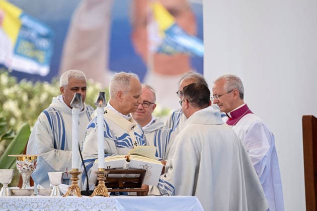 Pope Leo XIV visits the Southern Italian island of Lampedusa LAMPEDUSA, ITALY - JULY 04: Pope Leo XIV seen during the homily in Lampedusa, Italy, on July 04, 2026. Pope Leo XIV arrived in Lampedusa to rise attention to the migrant issue and the unique position of the island. During his visit he met with a group of migrants, accompanied by the Red Cross at Favaloro Pier, inaugurating a new plaque with the new name of the Pier dedicated to Pope Francis. Later nearly 4000 people gathered in the sport field to attend the homily celebrated by the Pope. Valeria Ferraro Anadolu Lampedusa Italy. Editorial use only. Please get in touch for any other usage.  Copyright: x2026xAnadoluxValeriaxFerrarox