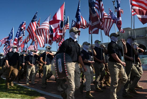 Members of the Patriot Front attend America s 250th anniversary in Washington, DC Members of the Patriot Front, an American white supremacist group, assemble outside Union Station to celebrate America s 250th anniversary on July 4, 2026 in Washington, DC.. Photo by Olivier Douliery ABACAPRESS.COM Washington DC United States  Copyright: xDoulieryxOlivier ABACAx