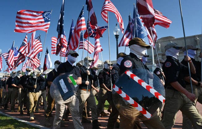 Members of the Patriot Front attend America s 250th anniversary in Washington, DC Members of the Patriot Front, an American white supremacist group, assemble outside Union Station to celebrate America s 250th anniversary on July 4, 2026 in Washington, DC.. Photo by Olivier Douliery ABACAPRESS.COM Washington DC United States  Copyright: xDoulieryxOlivier ABACAx