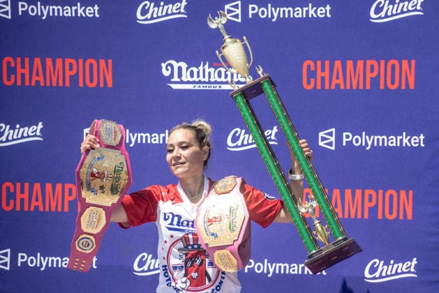 Miki Sudo competes in the 110th Nathan s Famous Fourth of July International Hot Dog Eating Contest on Independence Day, Saturday, July 4, 2026 on Coney Island in New York. Sodo won the championship.  NYP20260704801 JONATHANxFERNANDEZ
