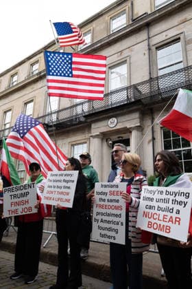 July 4, 2026, Edinburgh, Scotland, UK: Members of ScotlandÃ¢â‚¬â ¢s Iranian community opposed to the Islamic Republic demonstrated outside the U.S. Consulate in Edinburgh under the banner Ã¢â‚¬oeDonÃ¢â‚¬â ¢t Deal With TerroristsÃ¢â‚¬Â. Held to coincide with AmericaÃ¢â‚¬â ¢s Independence Day, the protestors argued that engaging with IranÃ¢â‚¬â ¢s Islamic Republic is contrary to AmericaÃ¢â‚¬â ¢s values and ideals. Edinburgh UK  - ZUMAs357 20260704_zip_s357_013 Copyright: xCameronxScottx