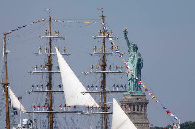 The Arc Gloria from Colombia sails past the Statue of Liberty as part of Sail4th 250, a celebration for America s 250th anniversary, in New York City on Saturday, July 4, 2026. The event includes over 100 tall ships and navy vessels from more than 30 nations.  NYP20260704204 JOHNxANGELILLO