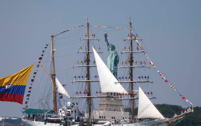 The Arc Gloria from Colombia sails past the Statue of Liberty as part of Sail4th 250, a celebration for America s 250th anniversary, in New York City on Saturday, July 4, 2026. The event includes over 100 tall ships and navy vessels from more than 30 nations.  NYP20260704206 JOHNxANGELILLO