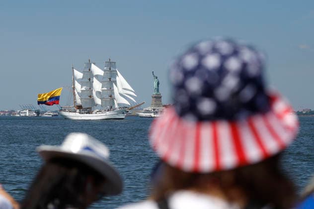 The Arc Gloria from Colombia sails past the Statue of Liberty as part of Sail4th 250, a celebration for America s 250th anniversary, in New York City on Saturday, July 4, 2026. The event includes over 100 tall ships and navy vessels from more than 30 nations.  NYP20260704207 JOHNxANGELILLO