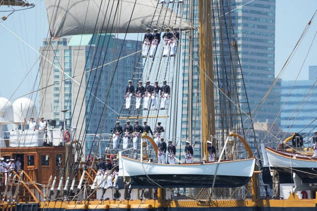 July 4, 2026, New Yok, New York, USA: Sailors stand in the masts of Italy s Italian Naval ship Amerigo Vespucci during a celebration of America s 250th birthday, a parade of tall ships sail into New York Harbor and up the Hudson River on July 4th, 2026 in New York. New Yok USA - ZUMAb148 20260704_zap_b148_002 Copyright: xBryanxSmithx
