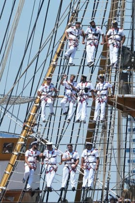 July 4, 2026, New Yok, New York, USA: Sailors stand in the mast of Italy s Italian Naval ship Amerigo Vespucci during a celebration of America s 250th birthday, a parade of tall ships sail into New York Harbor and up the Hudson River on July 4th, 2026 in New York. New Yok USA  - ZUMAb148 20260704_zap_b148_038 Copyright: xBryanxSmithx
