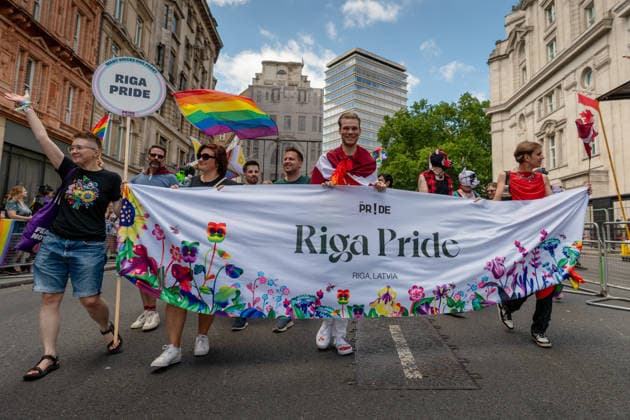 Pride in London, London, UK 4 July 2026 Participants from Riga, Latvia take part in London Pride 2026 celebrations in central London on 4 July 2026. The annual event brought together members of the LGBTQ+ community, allies, and supporters to celebrate diversity, visibility, and equality., Credit:JAMES LEONARD COOK James Cook Avalon  Copyright: xJAMESxLEONARDxCOOKx xJamesxCookx xAvalonx 1114433198
