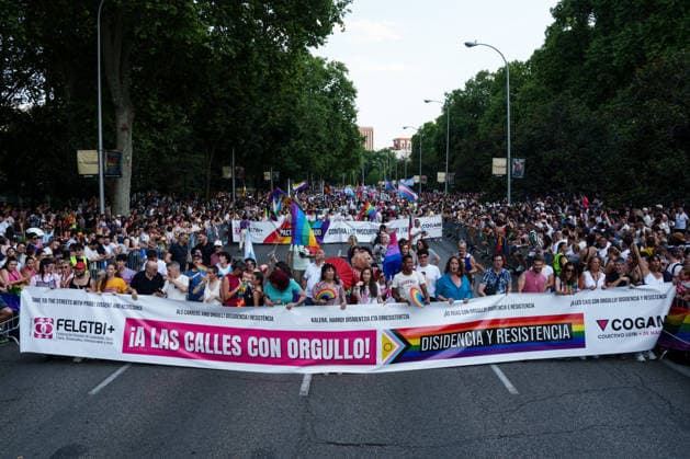 2026 National LGBTI Pride March in Madrid The lead float and main banner of the 2026 National LGBTI Pride March, on July 4, 2026, in Madrid, Spain. The 2026 National Pride Parade, under the slogan Take to the Streets with Pride: Dissent and Resistance, demands a National Pact against hate speech, the effective implementation of LGBTQ+ and trans laws, the criminalization of conversion therapies with prison sentences, and the recognition of non-binary and intersex people. JULY 4, 2026 PARADE Madrid, Madrid, Spain  Copyright: xMatiasxChiofalox 7644522
