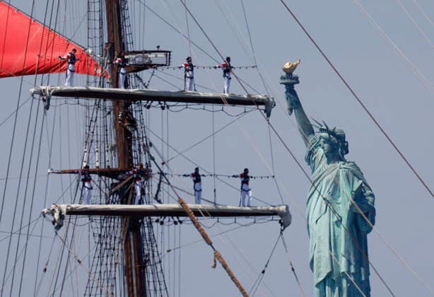 The tall ship BAP Union from Peru sails past the Statue of Liberty as part of Sail4th 250, a celebration for America s 250th anniversary, in New York City on Saturday, July 4, 2026. The event includes over 100 tall ships and navy vessels from more than 30 nations.  NYP202607044002 JOHNxANGELILLO