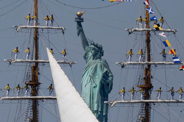 The Arc Gloria from Colombia sails past the Statue of Liberty as part of Sail4th 250, a celebration for America s 250th anniversary, in New York City on Saturday, July 4, 2026. The event includes over 100 tall ships and navy vessels from more than 30 nations.  NYP202607044008 JOHNxANGELILLO