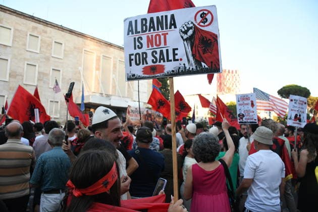 Protests continue over Zvernec tourism project TIRANA, ALBANIA - JULY 04: People take part in a protest under the slogan Albania is not for sale at Skanderbeg Square in Tirana, Albania, on July 4, 2026, opposing a planned tourism development project in the Zvernec area near Vlora. Demonstrators protested the proposed sale of a beach as part of a tourism project reportedly linked to U.S. President Donald Trump s daughter Ivanka Trump and son-in-law Jared Kushner before marching to the Prime Ministry building and through the streets of the capital. Olsi Shehu Anadolu Tirana Albania. Editorial use only. Please get in touch for any other usage.  Copyright: x2026xAnadoluxOlsixShehux