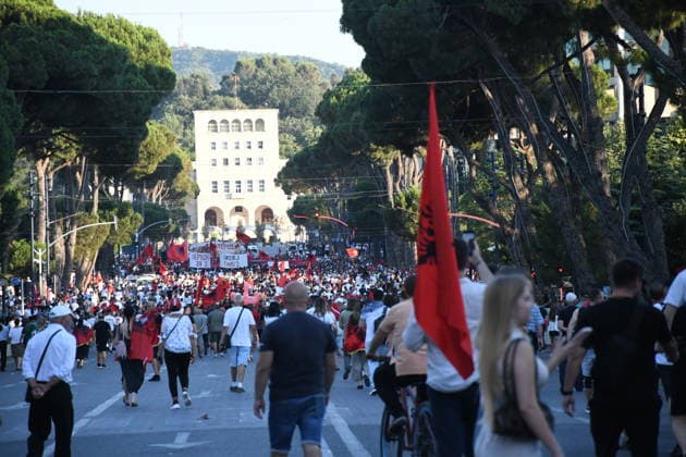 Protests continue over Zvernec tourism project TIRANA, ALBANIA - JULY 04: People take part in a protest under the slogan Albania is not for sale at Skanderbeg Square in Tirana, Albania, on July 4, 2026, opposing a planned tourism development project in the Zvernec area near Vlora. Demonstrators protested the proposed sale of a beach as part of a tourism project reportedly linked to U.S. President Donald Trump s daughter Ivanka Trump and son-in-law Jared Kushner before marching to the Prime Ministry building and through the streets of the capital. Olsi Shehu Anadolu Tirana Albania. Editorial use only. Please get in touch for any other usage.  Copyright: x2026xAnadoluxOlsixShehux