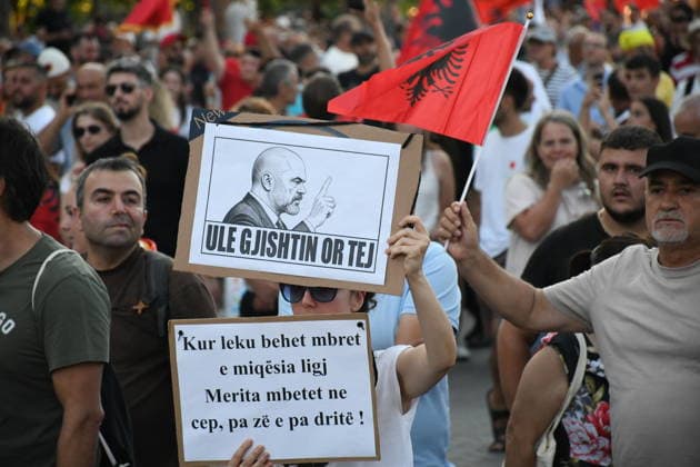 Protests continue over Zvernec tourism project TIRANA, ALBANIA - JULY 04: People take part in a protest under the slogan Albania is not for sale at Skanderbeg Square in Tirana, Albania, on July 4, 2026, opposing a planned tourism development project in the Zvernec area near Vlora. Demonstrators protested the proposed sale of a beach as part of a tourism project reportedly linked to U.S. President Donald Trump s daughter Ivanka Trump and son-in-law Jared Kushner before marching to the Prime Ministry building and through the streets of the capital. Olsi Shehu Anadolu Tirana Albania. Editorial use only. Please get in touch for any other usage.  Copyright: x2026xAnadoluxOlsixShehux