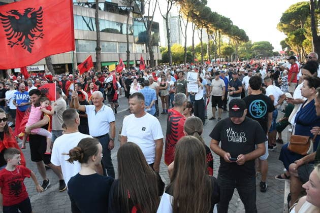 Protests continue over Zvernec tourism project TIRANA, ALBANIA - JULY 04: People take part in a protest under the slogan Albania is not for sale at Skanderbeg Square in Tirana, Albania, on July 4, 2026, opposing a planned tourism development project in the Zvernec area near Vlora. Demonstrators protested the proposed sale of a beach as part of a tourism project reportedly linked to U.S. President Donald Trump s daughter Ivanka Trump and son-in-law Jared Kushner before marching to the Prime Ministry building and through the streets of the capital. Olsi Shehu Anadolu Tirana Albania. Editorial use only. Please get in touch for any other usage.  Copyright: x2026xAnadoluxOlsixShehux