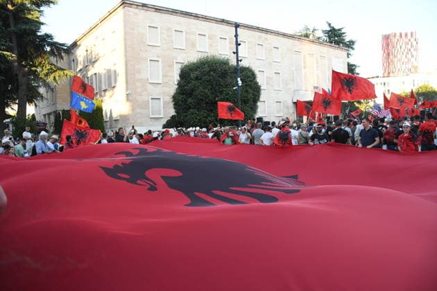 Protests continue over Zvernec tourism project TIRANA, ALBANIA - JULY 04: People take part in a protest under the slogan Albania is not for sale at Skanderbeg Square in Tirana, Albania, on July 4, 2026, opposing a planned tourism development project in the Zvernec area near Vlora. Demonstrators protested the proposed sale of a beach as part of a tourism project reportedly linked to U.S. President Donald Trump s daughter Ivanka Trump and son-in-law Jared Kushner before marching to the Prime Ministry building and through the streets of the capital. Olsi Shehu Anadolu Tirana Albania. Editorial use only. Please get in touch for any other usage.  Copyright: x2026xAnadoluxOlsixShehux