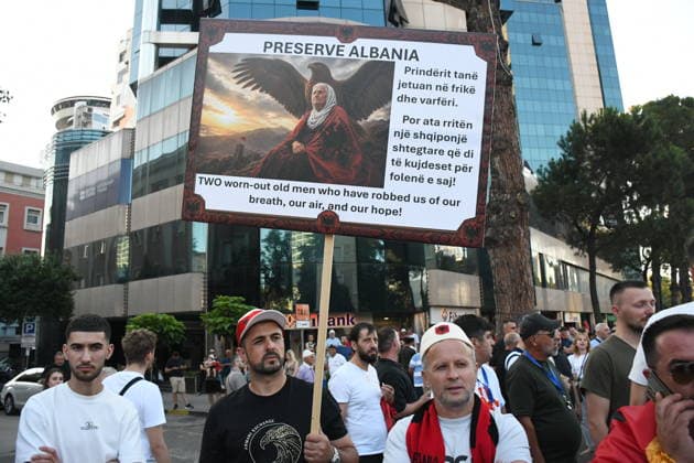 Protests continue over Zvernec tourism project TIRANA, ALBANIA - JULY 04: People take part in a protest under the slogan Albania is not for sale at Skanderbeg Square in Tirana, Albania, on July 4, 2026, opposing a planned tourism development project in the Zvernec area near Vlora. Demonstrators protested the proposed sale of a beach as part of a tourism project reportedly linked to U.S. President Donald Trump s daughter Ivanka Trump and son-in-law Jared Kushner before marching to the Prime Ministry building and through the streets of the capital. Olsi Shehu Anadolu Tirana Albania. Editorial use only. Please get in touch for any other usage.  Copyright: x2026xAnadoluxOlsixShehux
