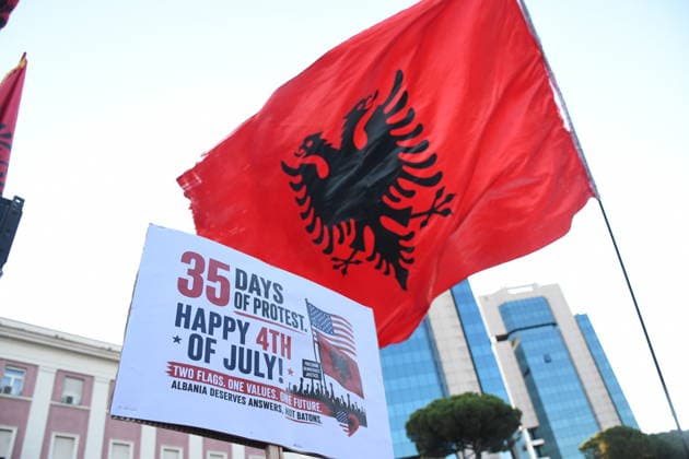 Protests continue over Zvernec tourism project TIRANA, ALBANIA - JULY 04: People take part in a protest under the slogan Albania is not for sale at Skanderbeg Square in Tirana, Albania, on July 4, 2026, opposing a planned tourism development project in the Zvernec area near Vlora. Demonstrators protested the proposed sale of a beach as part of a tourism project reportedly linked to U.S. President Donald Trump s daughter Ivanka Trump and son-in-law Jared Kushner before marching to the Prime Ministry building and through the streets of the capital. Olsi Shehu Anadolu Tirana Albania. Editorial use only. Please get in touch for any other usage.  Copyright: x2026xAnadoluxOlsixShehux