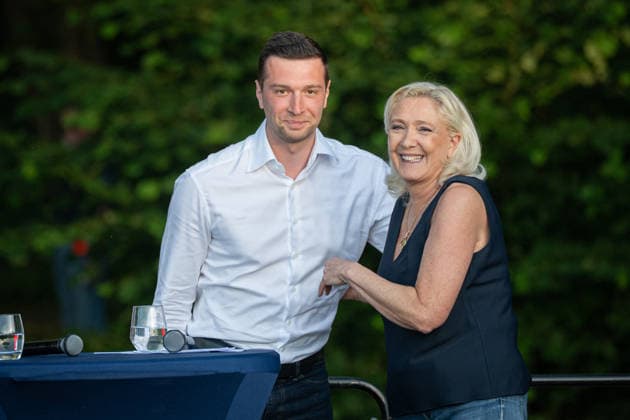 Marine Le Pen and Jordan Bardella at the RN party event La fete champetre - Lievin AJ French far-right party Rassemblement National (RN) president Jordan Bardella and President of Rassemblement National parliamentary group Marine Le Pen (C) attend a RN party event La fete champetre in Lievin, northern France on July 4, 2026. Photo by Alexis Jumeau ABACAPRESS.COM. Paris France  Copyright: xJumeauxAlexis ABACAx