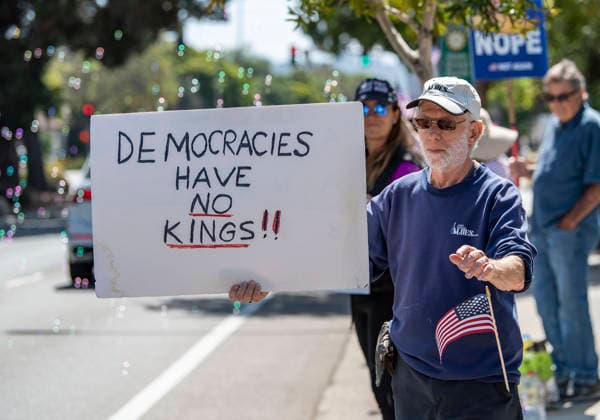 July 4, 2026, Santa Barbara, California, USA: Protestors gather to denouce President Trump and his administration on the nation s 250th anniversary of the Declaration of Independence. Santa Barbara USA - ZUMAh13_ 20260704_zaf_h13_003 Copyright: xPJxHellerx