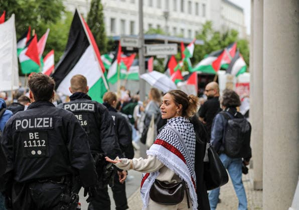 July 4, 2026, Berlin, Berlin, Germany: Berlin, Germany, July 4, 2026: Demonstrators take part in a pro-Palestinian march through central Berlin calling for an end to the war in Gaza, protection of medical workers, and the release of detained Palestinian doctor Hussam Abu Safiya. Participants carried Palestinian flags, banners and photographs during the demonstration. ZUMA Press Wire. Berlin Germany - ZUMAa268 20260704_zip_a268_019 Copyright: xAbdelrahmanxAlkahloutx