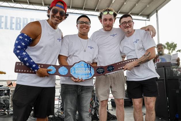 July 4, 2026, Tampa, Florida, USA: A four way tie of 10 hotdogs each ends the Where my Dogs at? Hot Dog Eating Contest at Armature Works part of the Liberty By The Bay citywide celebration on Saturday, July 4, 2026 in Tampa. Pictured (L-R) is last years winner Christian Restrepo, Omar Perez, Colin Scheffley and Conner Scheffley Tampa USA  - ZUMAs70_ 20260704_zan_s70_001 Copyright: xLuisxSantanax