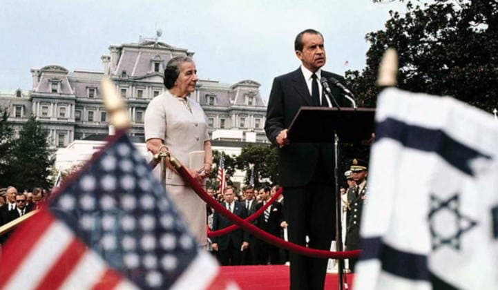 RECORD DATE NOT STATED Israeli Prime Minister Golda Meir with US president Richard Nixon, Washington DC 1974 Israeli Prime Minister Golda Meir with US president Richard Nixon, Washington DC 1974. Editorial use only. All other uses to be cleared with the copyright owner (World History Archive), in advance., WHA_179_0545.jpg, Israeli Prime Minister Golda Meir; US president Richard Nixon; Washington DC; 1974; political leaders; historical meeting; diplomatic relations; international politics; United States; Israel; Middle East; 20th century; government officials; formal attire; official visit; White House; Oval Office; diplomatic meeting; foreign affairs; American president; Israeli leader; female politician; male politician; political history Copyright: xWorldxHistoryxArchivex
