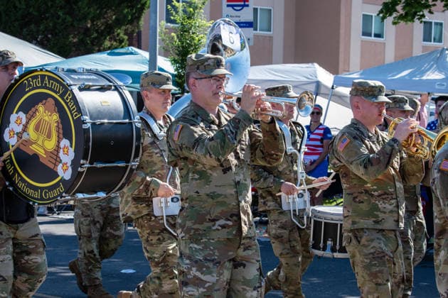 July 4, 2026, Provo, Utah, USA: Trombones in hand, members of the Utah National Guard military marching band play while in formation during America s Freedom Festival Grand Parade in Provo, Utah, Saturday, July 4, 2026. The annual Independence Day event features expanded programming to honor the 250th anniversary of United States independence. Provo USA - ZUMAm292 20260704_znp_m292_115 Copyright: xCharlesxMcClintockxWilsonx