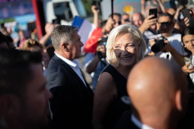 Marine Le Pen and Jordan Bardella at the RN party event La fete champetre - Lievin AJ President of Rassemblement National parliamentary group Marine Le Pen reacts as she arrives during a RN party event La fete champetre in Lievin, northern France on July 4, 2026. Photo by Alexis Jumeau ABACAPRESS.COM. Paris France  Copyright: xJumeauxAlexis ABACAx