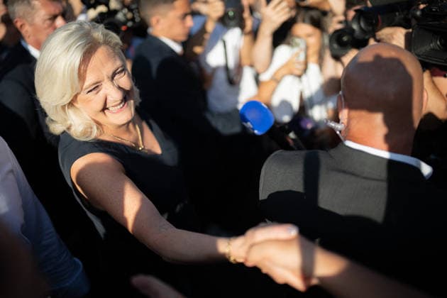Marine Le Pen and Jordan Bardella at the RN party event La fete champetre - Lievin AJ President of Rassemblement National parliamentary group Marine Le Pen reacts as she arrives during a RN party event La fete champetre in Lievin, northern France on July 4, 2026. Photo by Alexis Jumeau ABACAPRESS.COM. Paris France  Copyright: xJumeauxAlexis ABACAx