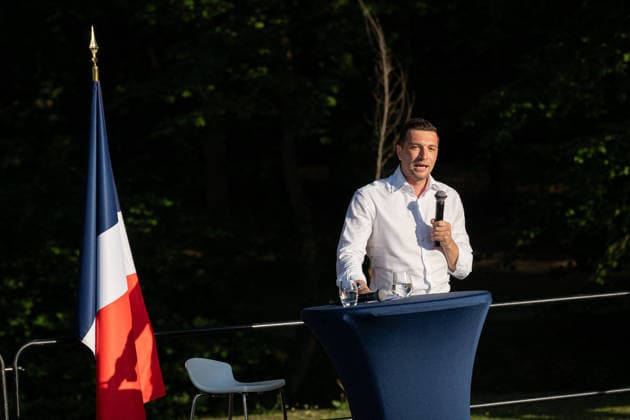 Marine Le Pen and Jordan Bardella at the RN party event La fete champetre - Lievin AJ French far-right party Rassemblement National (RN) president Jordan Bardella speaks as he addresses the audience during a RN party event La fete champetre in Lievin, northern France on July 4, 2026. Photo by Alexis Jumeau ABACAPRESS.COM. Paris France  Copyright: xJumeauxAlexis ABACAx