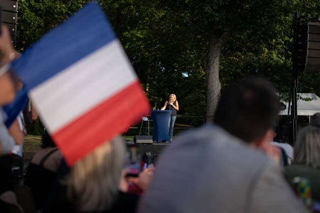 Marine Le Pen and Jordan Bardella at the RN party event La fete champetre - Lievin AJ President of Rassemblement National parliamentary group Marine Le Pen speaks as she addresses the audience during a RN party event La fete champetre in Lievin, northern France on July 4, 2026. Photo by Alexis Jumeau ABACAPRESS.COM. Paris France  Copyright: xJumeauxAlexis ABACAx