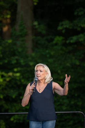 Marine Le Pen and Jordan Bardella at the RN party event La fete champetre - Lievin AJ President of Rassemblement National parliamentary group Marine Le Pen speaks as she addresses the audience during a RN party event La fete champetre in Lievin, northern France on July 4, 2026. Photo by Alexis Jumeau ABACAPRESS.COM. Paris France  Copyright: xJumeauxAlexis ABACAx