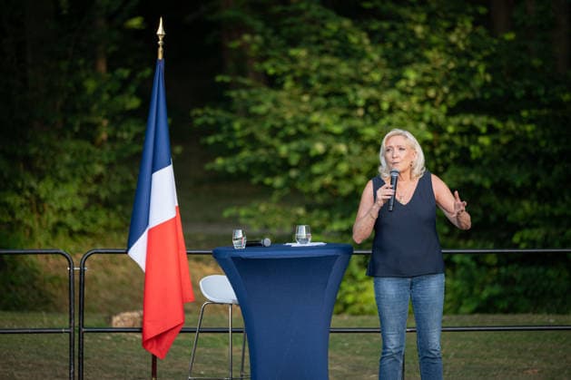 Marine Le Pen and Jordan Bardella at the RN party event La fete champetre - Lievin AJ President of Rassemblement National parliamentary group Marine Le Pen speaks as she addresses the audience during a RN party event La fete champetre in Lievin, northern France on July 4, 2026. Photo by Alexis Jumeau ABACAPRESS.COM. Paris France  Copyright: xJumeauxAlexis ABACAx