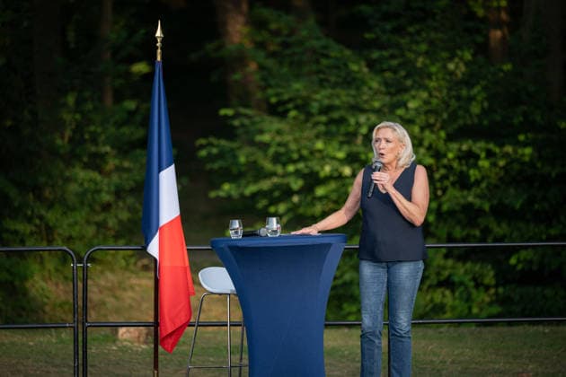 Marine Le Pen and Jordan Bardella at the RN party event La fete champetre - Lievin AJ President of Rassemblement National parliamentary group Marine Le Pen speaks as she addresses the audience during a RN party event La fete champetre in Lievin, northern France on July 4, 2026. Photo by Alexis Jumeau ABACAPRESS.COM. Paris France  Copyright: xJumeauxAlexis ABACAx