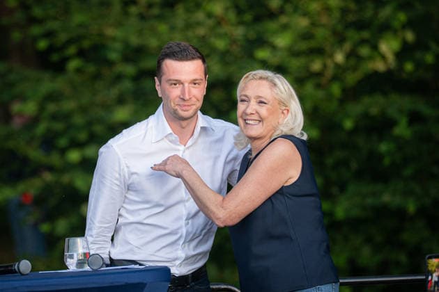 Marine Le Pen and Jordan Bardella at the RN party event La fete champetre - Lievin AJ French far-right party Rassemblement National (RN) president Jordan Bardella and President of Rassemblement National parliamentary group Marine Le Pen hug during a RN party event La fete champetre in Lievin, northern France on July 4, 2026. Photo by Alexis Jumeau ABACAPRESS.COM. Paris France  Copyright: xJumeauxAlexis ABACAx
