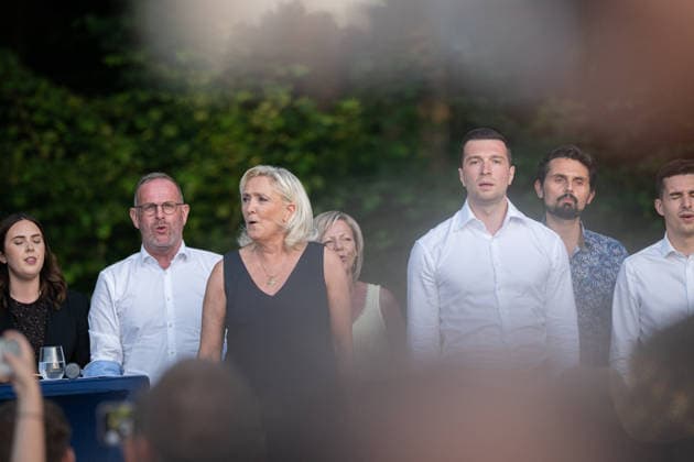Marine Le Pen and Jordan Bardella at the RN party event La fete champetre - Lievin AJ French far-right party Rassemblement National (RN) president Jordan Bardella and President of Rassemblement National parliamentary group Marine Le Pen hug during a RN party event La fete champetre in Lievin, northern France on July 4, 2026. Photo by Alexis Jumeau ABACAPRESS.COM. Paris France  Copyright: xJumeauxAlexis ABACAx