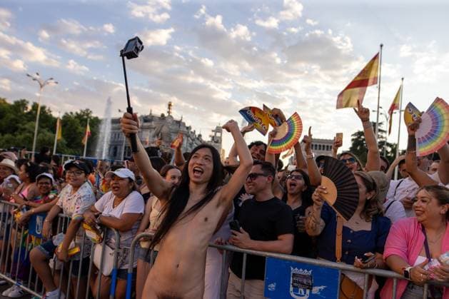 Madrid, pride 2026 A person with a naked torso participates in MADO 2026 on a street in the center of Madrid Celebration of MADO, annual LGBT Pride parade through the center of Madrid, one of the largest and most important in Europe. MADRID Spain Copyright: xDavidxCanalesx xSOPAxImagesx David-Canales-1438707